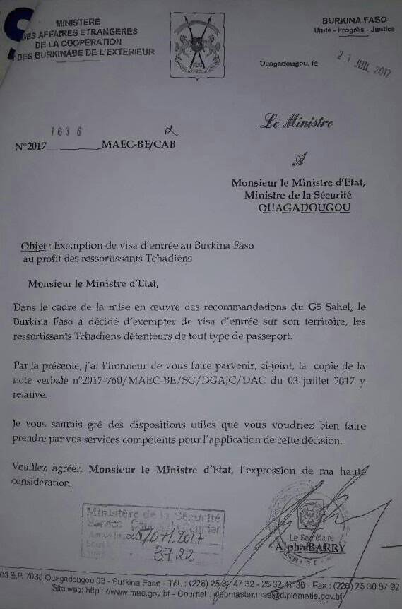 Tchad/Burkina Faso : Suppression de visas d’entrée au Burkina Faso au profit des Tchadiens
